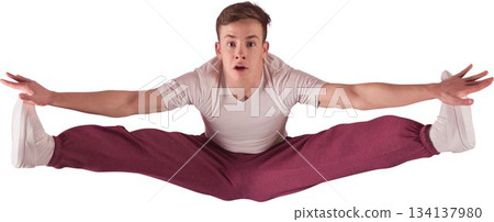 Teenage boy is jumping in flat art on white background with white shirt and maroon pants Teenage boy is jumping in flat art on white background with white shirt and maroon pants 134137980