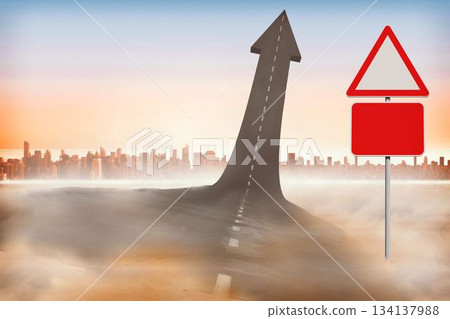 Surreal flat design arrow-shaped road is rising from misty sand with blank red signs, skyline 134137988