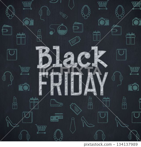 Black Friday text is being shown on chalkboard-style digital poster, with teal shopping cart icons 134137989