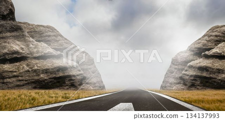 central asphalt road with white arrow marking is disappearing into fog in flat design among cliffs central asphalt road with white arrow marking is disappearing into fog in flat design among cliffs 134137993