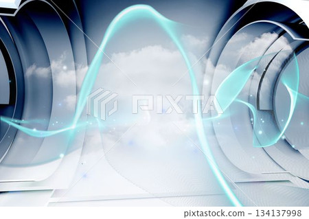 Neon teal ribbon is weaving through 3D futuristic space with metallic panels, clouds, particles Neon teal ribbon is weaving through 3D futuristic space with metallic panels, clouds, particles 134137998