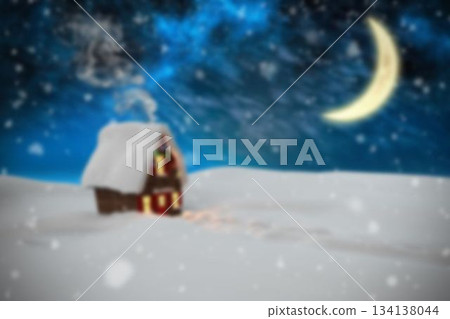 Flat design is showing cabin with lit windows in snow under crescent moon, glowing footprints 134138044