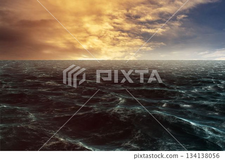 Ocean surface is rolling in flat illustration, showing golden horizon and cloudy sky Ocean surface is rolling in flat illustration, showing golden horizon and cloudy sky 134138056