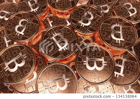 Central copper Bitcoin coin is hovering amid stacked coins in 3D render, showing circuit texture Central copper Bitcoin coin is hovering amid stacked coins in 3D render, showing circuit texture 134138064