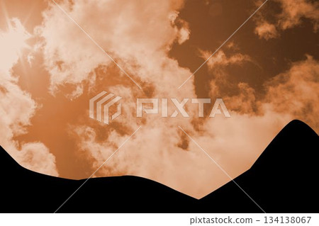 Dark silhouette hills are rising across flat design landscape under glowing sun and fluffy clouds Dark silhouette hills are rising across flat design landscape under glowing sun and fluffy clouds 134138067