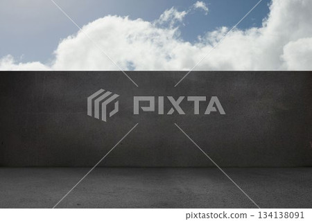 Dark grey concrete floor and wall are forming courtyard under cloudy sky in flat design Dark grey concrete floor and wall are forming courtyard under cloudy sky in flat design 134138091