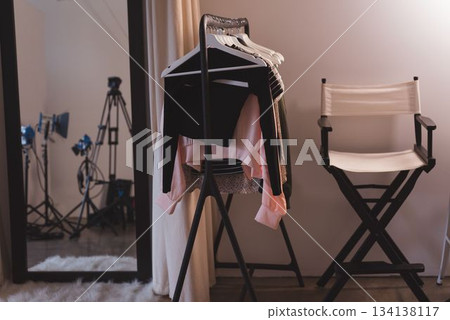 Clothes on rack in studio 134138117