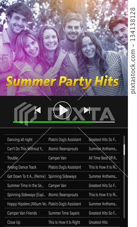 Interface is showing flat design music app with cover of six smiling friends and playback icons Interface is showing flat design music app with cover of six smiling friends and playback icons 134138128