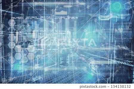 Showing hex icons, line graphs, numeric code and network nodes in 3D grid on transparent background 134138132