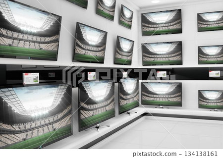 Flat design TVs are lining showroom walls with price tags, showing stadium views under LED lights Flat design TVs are lining showroom walls with price tags, showing stadium views under LED lights 134138161