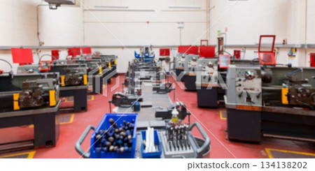 Machine shop flat illustration is showing parallel metal lathes, tool trolley, red shields 134138202