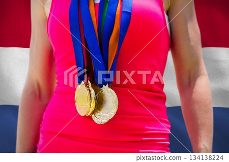 Midsection of medalist against Dutch Flag Midsection of medalist against Dutch Flag 134138224