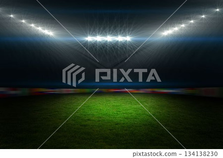 Flat design nighttime grass pitch is glowing under V-shaped floodlight beams with sponsor boards Flat design nighttime grass pitch is glowing under V-shaped floodlight beams with sponsor boards 134138230