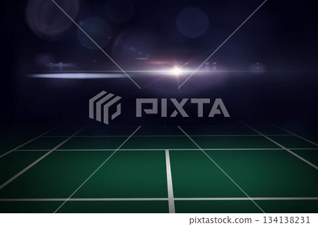 Green grid floor is stretching into flat design arena with lens flare and bokeh circles 134138231