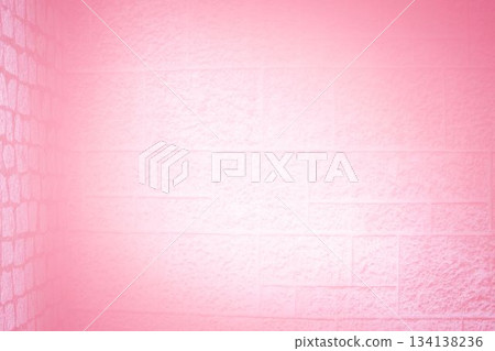 3D render is showing textured pink-painted brick block wall corner glowing under pink lighting 134138236