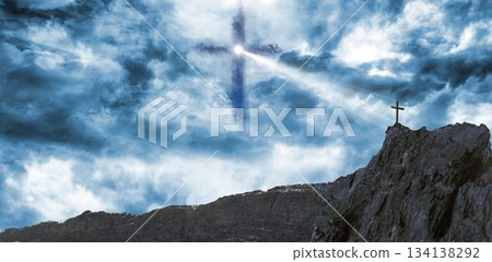 Cross religion symbol shape in the sky Cross religion symbol shape in the sky 134138292