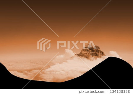 Rocky peak emerging above clouds framing 2 black silhouettes under orange sky in flat design 134138338