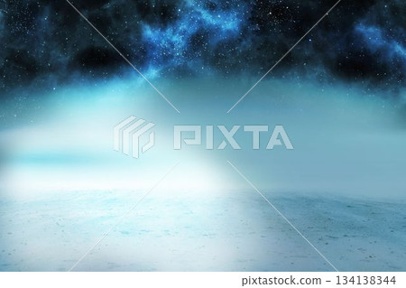 Alien landscape is showing icy plain and glowing blue nebula under starry sky in flat design Alien landscape is showing icy plain and glowing blue nebula under starry sky in flat design 134138344