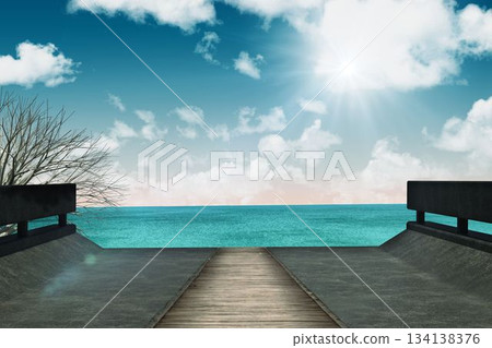 Flat design boardwalk is extending onto concrete pier showing black railings and grasses under sky 134138376