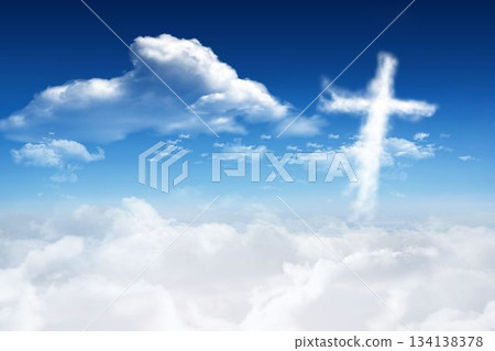 Illustrating flat design showing cross-shaped cloud rising above cumulus layers under gradient sky 134138378