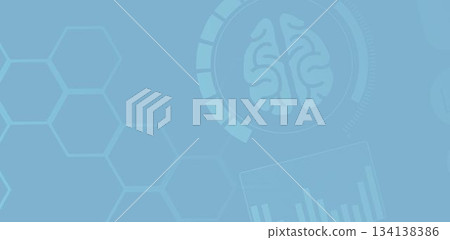 Flat design interface is displaying circular brain icon over translucent hexagon grid and bar chart 134138386