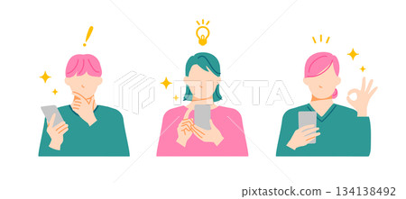 An illustration of three young people with positive expressions holding smartphones in one hand. Flat design. 134138492