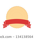Red ribbon and cream biscuit medal / circular frame / medal-shaped decorative label 134138564