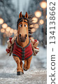 Festive cartoon horse running through snowy lights with gifts as the joyful 2026 symbol 134138662