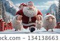 Cartoon Santa walking with fluffy sheep in a festive winter scene for 2027 symbol 134138663