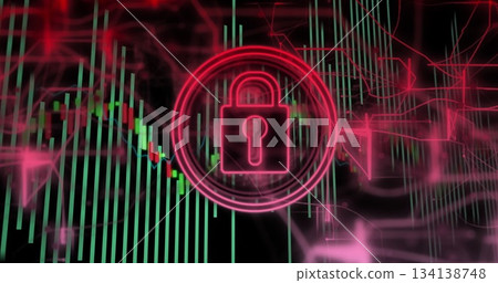 Neon pink padlock securing green-red chart-bars in digital scene, with grid lines and glowing nodes Neon pink padlock securing green-red chart-bars in digital scene, with grid lines and glowing nodes 134138748