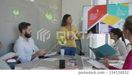 Pointing woman presenting infographic slides on monitor in conference room, binders and tablet 134138832