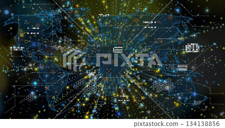 Displaying world map with glowing nodes, connecting lines and hexagon patterns on network UI Displaying world map with glowing nodes, connecting lines and hexagon patterns on network UI 134138856