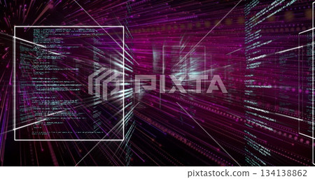 Floating white-outlined code frame drifting through data tunnel, with magenta light streams 134138862