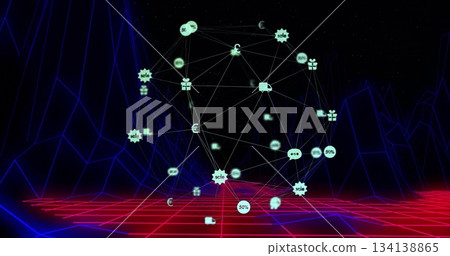 Glowing sphere floating above grid floor, featuring nodes currency gift scale chat truck 50% icons Glowing sphere floating above grid floor, featuring nodes currency gift scale chat truck 50% icons 134138865