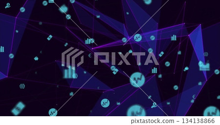 Floating turquoise icons showcasing financial symbols, user icons and data nodes in digital network 134138866