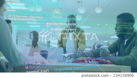Leaning engineer in mustard jacket reviewing code overlay at conference table, with laptops mugs Leaning engineer in mustard jacket reviewing code overlay at conference table, with laptops mugs 134138906