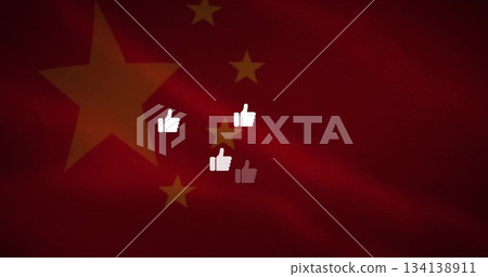 Displaying Chinese national flag over digital graphic showing five white and grey thumbs-up icons Displaying Chinese national flag over digital graphic showing five white and grey thumbs-up icons 134138911