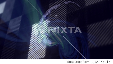 Floating globe showing neon lines on holographic display, with grid panels and diagonal stripes Floating globe showing neon lines on holographic display, with grid panels and diagonal stripes 134138917