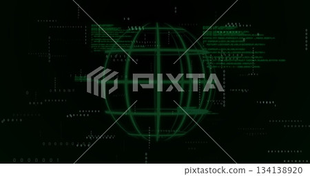 Glowing green wireframe globe rotating in virtual space, with binary digits and code fragments Glowing green wireframe globe rotating in virtual space, with binary digits and code fragments 134138920