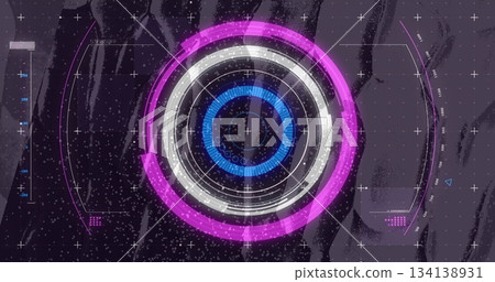 UI displaying concentric tri-color rings on dark screen, with reticle, plus markers, numeric scales UI displaying concentric tri-color rings on dark screen, with reticle, plus markers, numeric scales 134138931