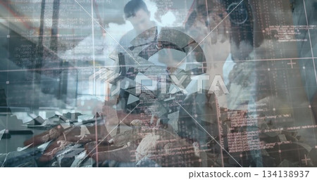 Investigating four researchers analyzing rock fragments at conference table, with data overlay 134138937