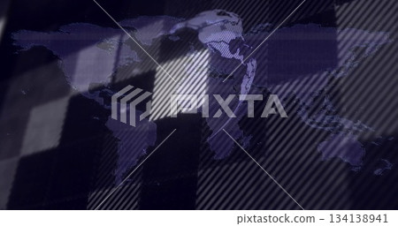 Displaying world map silhouettes on interface, with grid lines, diagonal stripes and glitch blocks Displaying world map silhouettes on interface, with grid lines, diagonal stripes and glitch blocks 134138941