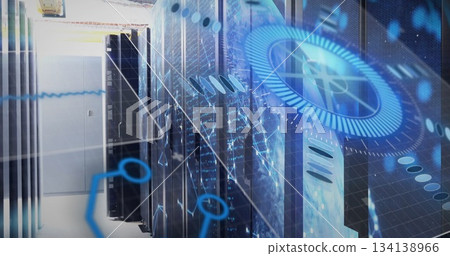Glowing server racks projecting holographic network graphics at data center, with blue LED panels 134138966
