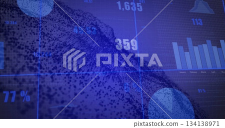 Displaying 3D particle wave flowing across blue grid dashboard with bar chart and bell icon 134138971