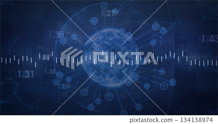 Showing wireframe globe pulsing in interface with node icons, connections, waveform, labels 134138974
