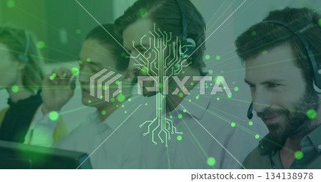 Sitting four agents typing at call center desks with headsets and monitors, circuit-tree overlay Sitting four agents typing at call center desks with headsets and monitors, circuit-tree overlay 134138978