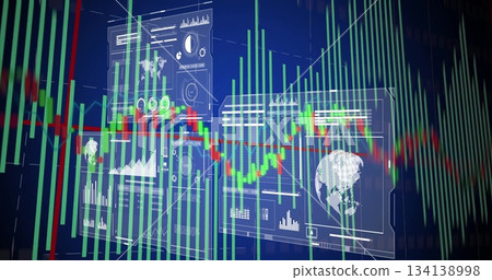 Financial dashboard showing panels with candlestick bars, line graph and world map in trading UI Financial dashboard showing panels with candlestick bars, line graph and world map in trading UI 134138998
