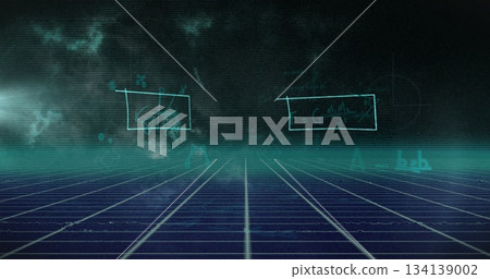 Neon grid floor extending to horizon in sci-fi scene, with floating UI overlays showing equations 134139002