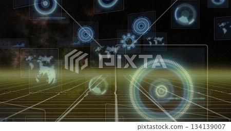 Displaying HUD hovering over grid in simulation, with charts and holographic panels, copy space 134139007