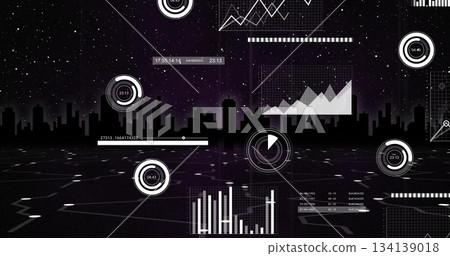 Floating HUD projecting over city skyline circuit-grid at night with round dials and line graphs Floating HUD projecting over city skyline circuit-grid at night with round dials and line graphs 134139018